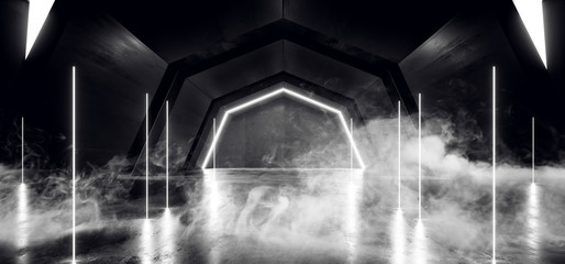Smoke Neon Lights Futuristic Sci Fi White Dark Background Graphic Corridor Tunnel Spaceship Alien Garage Underground Shaped Lasers Glowing Grunge Concrete 3D Rendering