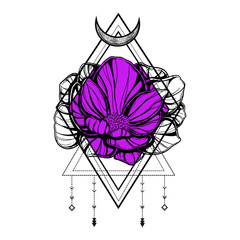 Rose flower with sacred geometry frame.Tattoo, mystic symbol. Boho print, poster, t-shirt. textiles. Vector illustration art. Vintage engraving. Vintage style. Traditional art tattoos. Blackwork.