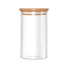 Glass storage jar with airtight seal bamboo lid, vector mock-up. Clear empty food container, realistic illustration