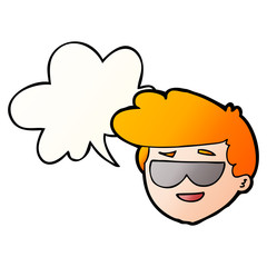 cartoon boy wearing sunglasses and speech bubble in smooth gradient style