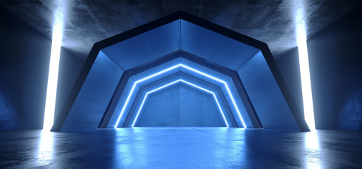 Sci Fi Futuristic Arch Blue Glowing Dark Grunge Reflective Concrete Tunnel Corridor Hallway Alien Spaceship Virtual Reality Empty Background 3D Rendering