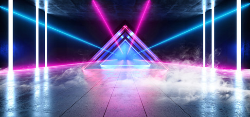 Smoke Neon Lights Triangle Futuristic Sci Fi Vibrant Purple Blue Dark Background Graphic Corridor Tunnel Spaceship Alien Garage Underground Shaped Lasers Glowing Grunge Concrete 3D Rendering © IM_VISUALS