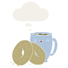 cartoon coffee and donuts and thought bubble in retro style