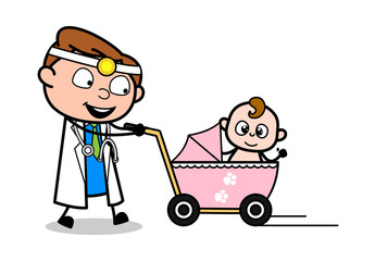 Strolling with Baby - Professional Cartoon Doctor Vector Illustration