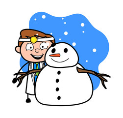 Standing with Snowman - Professional Cartoon Doctor Vector Illustration