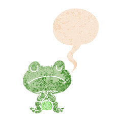 cartoon frog and speech bubble in retro textured style