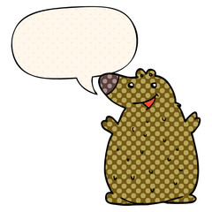 cartoon happy bear and speech bubble in comic book style