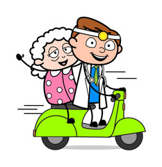 Riding Scooter with a Old Lady - Professional Cartoon Doctor Vector Illustration