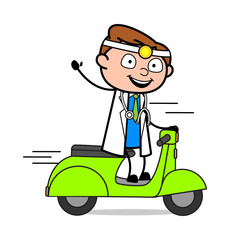 Waving Hand While Running Scooter - Professional Cartoon Doctor Vector Illustration