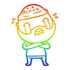 rainbow gradient line drawing cartoon bearded man crying