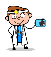 Presenting a Camera - Professional Cartoon Doctor Vector Illustration