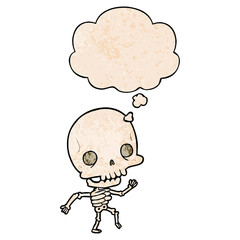 cartoon skeleton and thought bubble in grunge texture pattern style