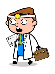 Holding Letter and Briefcase and Watching Surprisingly - Professional Cartoon Doctor Vector Illustration