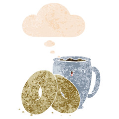 cartoon coffee and donuts and thought bubble in retro textured style