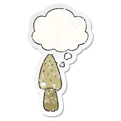 cartoon mushroom and thought bubble as a distressed worn sticker