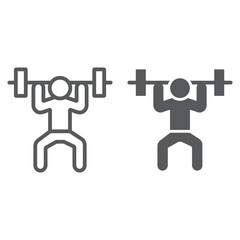 Weightlifter line and glyph icon, sport and bodybuilding, weightlifting sign, vector graphics, a linear pattern on a white background.