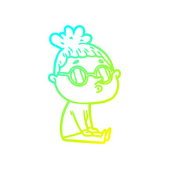 cold gradient line drawing cartoon woman wearing glasses