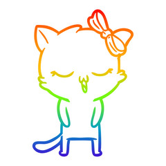 rainbow gradient line drawing cartoon cat with bow on head
