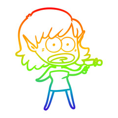 rainbow gradient line drawing cartoon shocked alien girl with ray gun