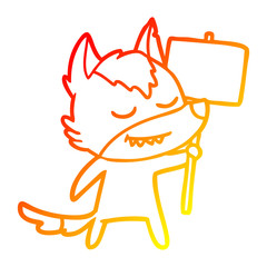 warm gradient line drawing friendly cartoon wolf with blank sign