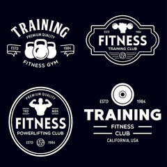 Set of fitness badges with sport equipment and people. Labels in vintage style with sport silhouette symbols.