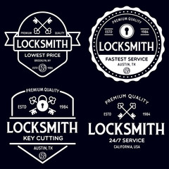 Set of vintage locksmith logo, retro styled key cutting service emblems, badges, design elements, logotype templates.