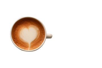 Top view of coffee latte art heart shape on white background