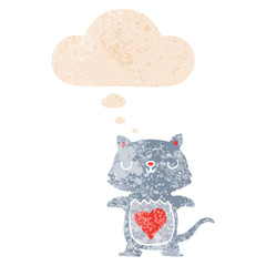 cute cartoon cat and thought bubble in retro textured style