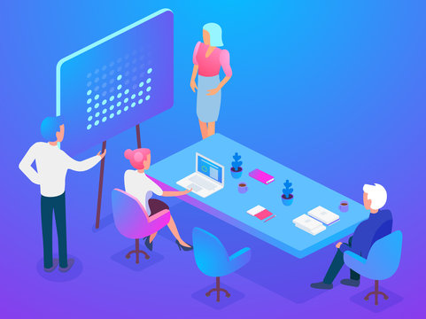 Isometric coworkers attending business presentation while working on project in office together.