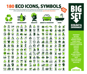 big vector set of Eco icons, huge pack of ecology & environment themes: alternative renewable energy sources, global warming, climate change, recycling, air pollution, plastic waste, greenhouse effect - 275949300