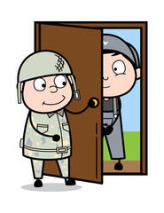 Delivery Boy Standing at Door - Cute Army Man Cartoon Soldier Vector Illustration