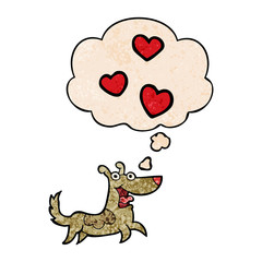 cartoon dog with love hearts and thought bubble in grunge texture pattern style