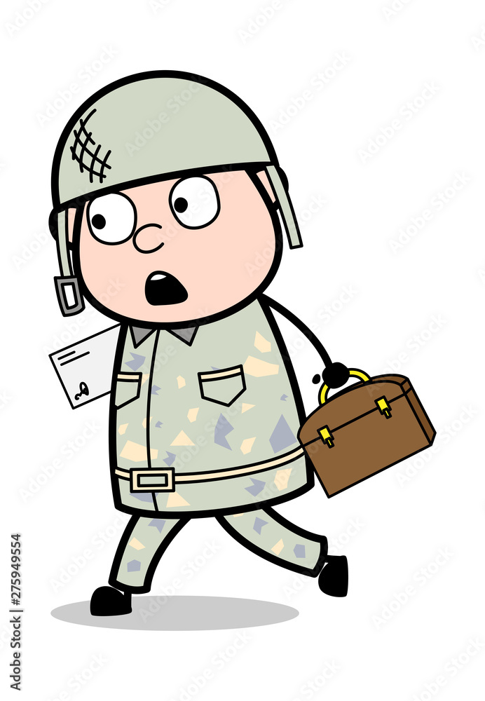 Wall mural Running with Letter and Briefcase - Cute Army Man Cartoon Soldier Vector Illustration - Wall murals