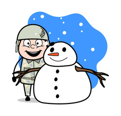 Military Man with Snowman - Cute Army Man Cartoon Soldier Vector Illustration