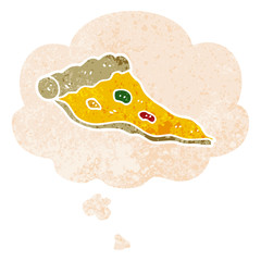 cartoon pizza and thought bubble in retro textured style