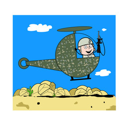Flying in Helicopter - Cute Army Man Cartoon Soldier Vector Illustration