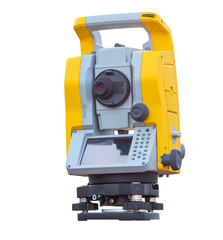 Theodolite on a white background, measuring the coordinates and level values ​​on the Earth's surface
