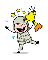Excitement After Getting Trophy - Cute Army Man Cartoon Soldier Vector Illustration