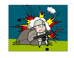 Fighting with Bazooka Gun - Cute Army Man Cartoon Soldier Vector Illustration