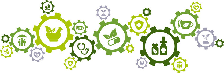green alternative medicine / herbal medicine / natural pharmaceuticals icon concept – vector illustration - obrazy, fototapety, plakaty