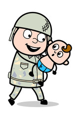 Holding a Baby and Playing - Cute Army Man Cartoon Soldier Vector Illustration