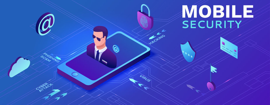 Smartphone security concept, data protection, cyber crime, 3d isometric vector illustration, fingerprint, phishing scam, information protection, Mobile safety