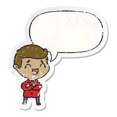 cartoon laughing man and speech bubble distressed sticker