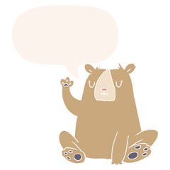 cartoon bear;waving and speech bubble in retro style