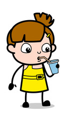 Drinking Energy Juice - Cute Girl Cartoon Character Vector Illustration