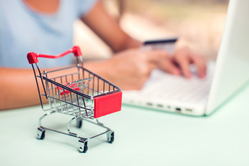 Woman holds credit card and makes online payment. Online shopping concept