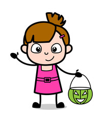 A Girl Holding a Halloween Bucket - Cute Girl Cartoon Character Vector Illustration