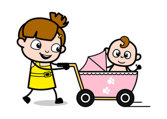 Walking with Baby in Stroller - Cute Girl Cartoon Character Vector Illustration