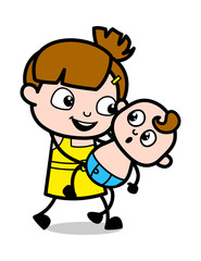 Holding a Baby and Playing - Cute Girl Cartoon Character Vector Illustration
