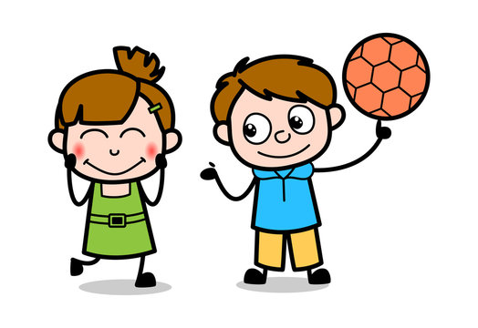 Kids are Playing Basket Ball - Cute Girl Cartoon Character Vector Illustration